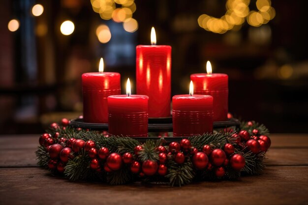 group of red candles sitting on top of a table