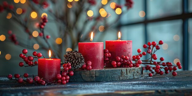 a group of red candles sitting on top of a table