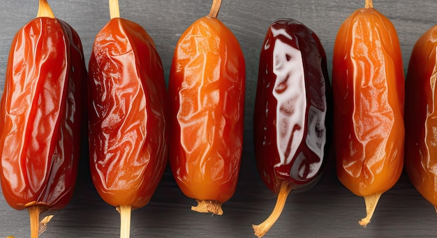 A group of red and green peppers are lined up on a wooden surface.