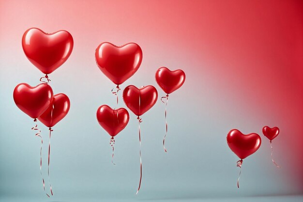 Group of red heart shape flying balloons