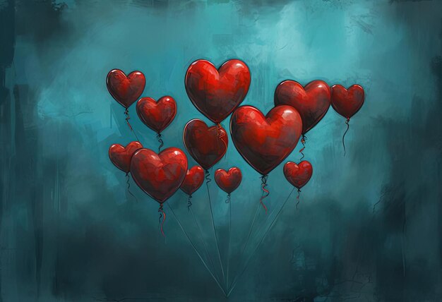 Группа красных воздушных шаров в форме сердца показана в движении в стиле темного бирюзового