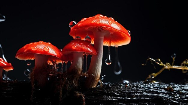 A group of red mushrooms with water drops on them