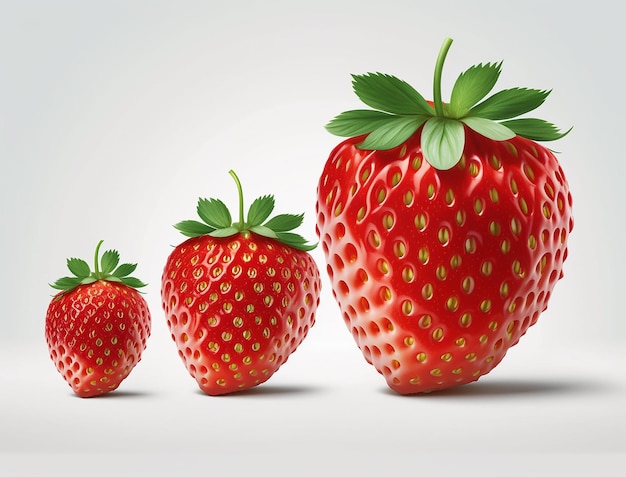 A group of red strawberries with green leaves on them.