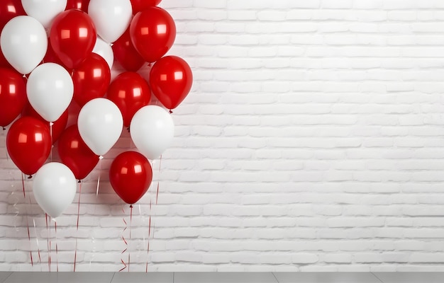 Group of red and white inflatable balloons on white brick wall background with copyspace interior of room for children or wedding party indoor