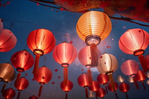 A group of red and white lanterns with the word lantern on the bottom.