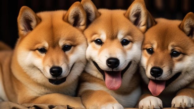 A group of redhaired shiba inu dogs closeup