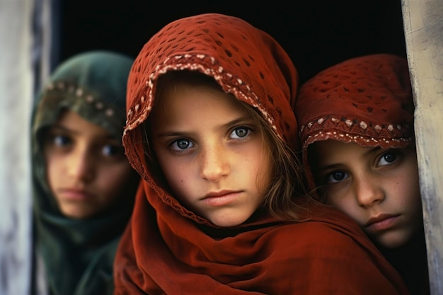 Photo group of refugee children in a war zone