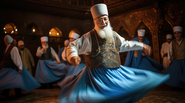 Photo a group of religious men are dancing in a mosque.