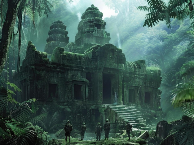 A group of researchers in the depths of the jungle discovering an ancient temple AI generative