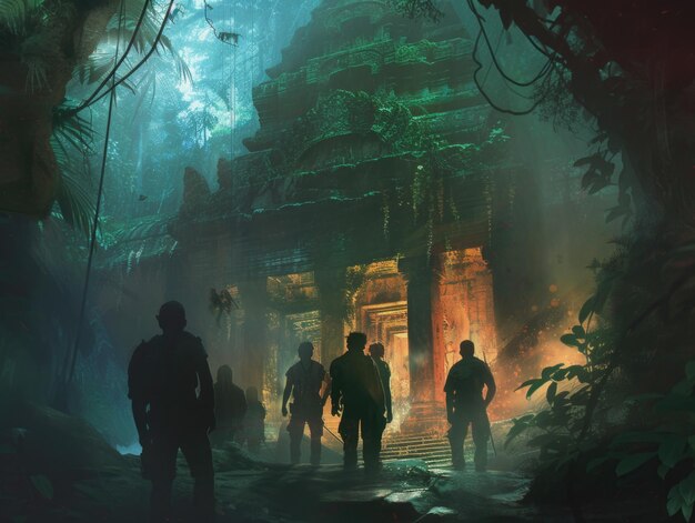 Photo a group of researchers in the depths of the jungle discovering an ancient temple ai generative