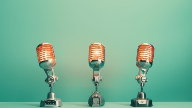 Group retro microphones on cyan color bright blurred background Generate AI image