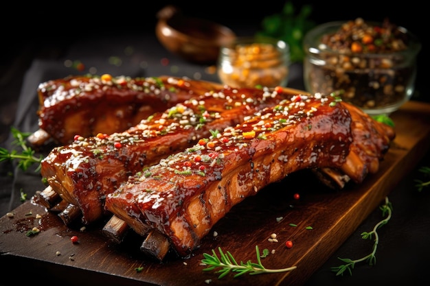 A group of ribs on a wooden board