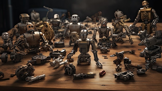 Group of Robot Figurines Sitting on Wooden Table