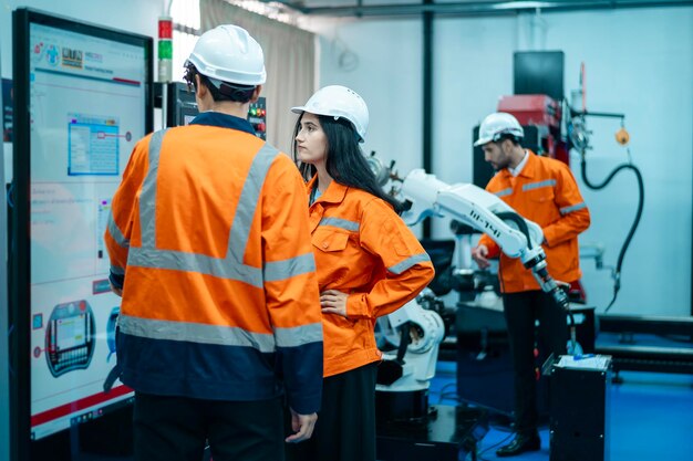 A group of Robotics engineers working with Programming and Manipulating Robot Hand