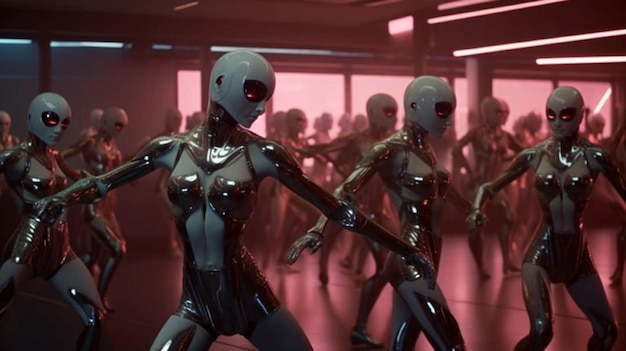 A group of robots in a dark room with a pink background.