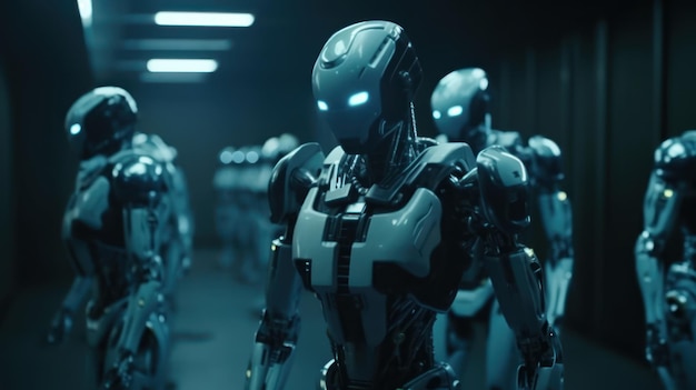 A group of robots in a dark room