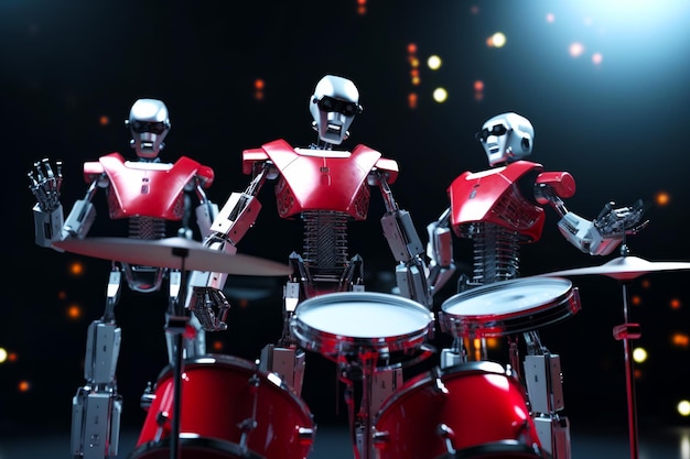 Group of robots playing drums in front of drum set on stage Generative AI