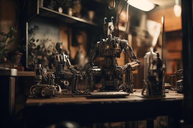 A group of robots sit on a table in a dark room.