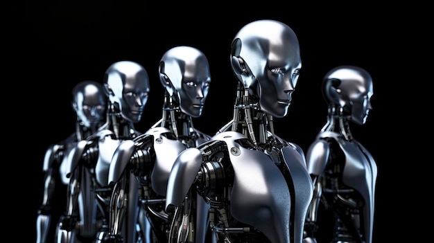 A group of robots stand in a row.