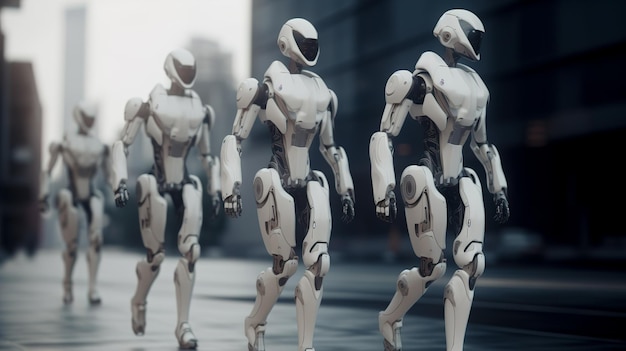 A group of robots walking down the street in a modern city of the future
