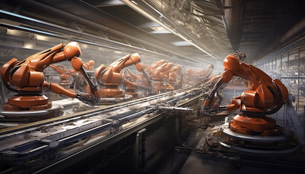 a group of robots working on a conveyor belt