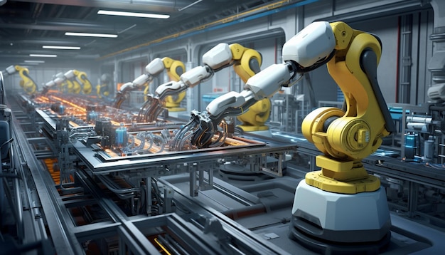 a group of robots working on a conveyor belt