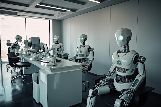 Группа роботов, работающих в офисе 3D-рендеринг Роботы, заменяющие людей в офисе Генерируется AI