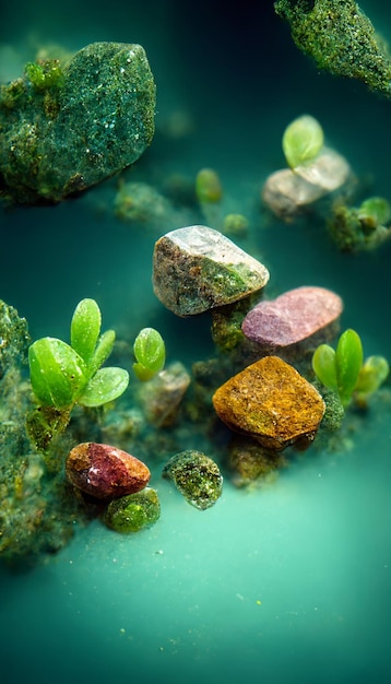 Group of rocks sitting on top of a green surface generative ai