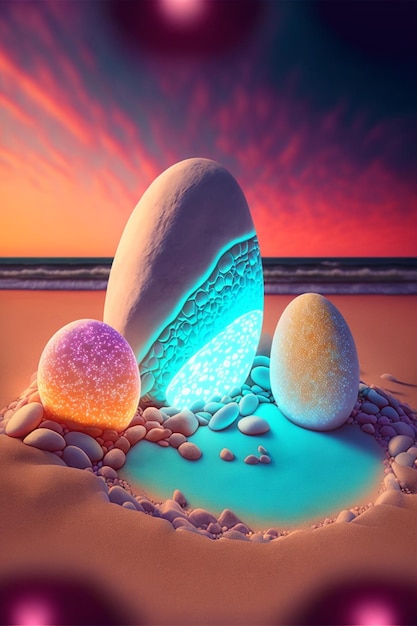 Group of rocks sitting on top of a sandy beach generative ai