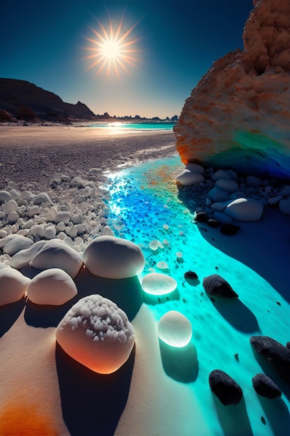 Group of rocks sitting on top of a sandy beach generative ai