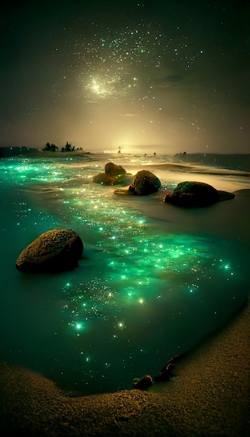 Группа камней, сидящих на вершине песчаного пляжа, генеративный искусственный интеллект