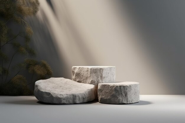 a group of rocks with a waterfall in the background