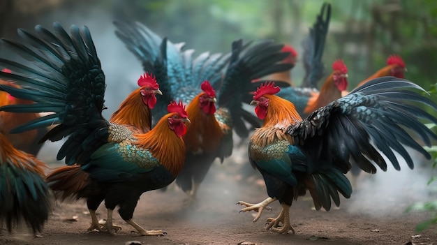 A group of rooster playing together on road generative AI