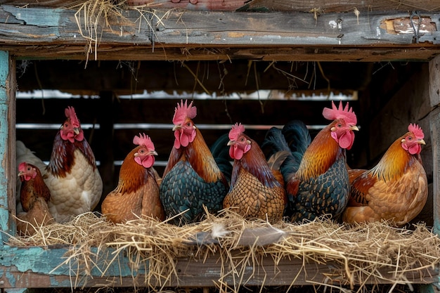 Photo a group of roosters in a chicken coop with standing