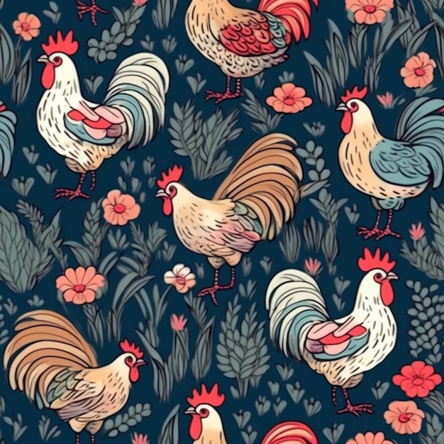 a group of roosters and flowers on a blue background generative ai