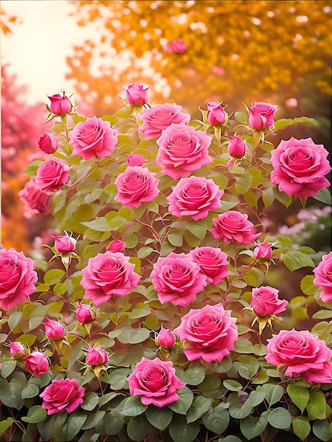 A group of rose flowers in the garden