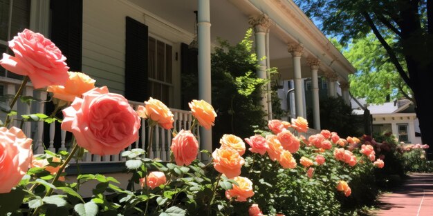 Foto un gruppo di rose davanti a una casa