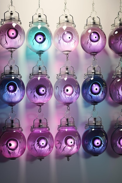 a group of round glass balls with purple and blue eyes