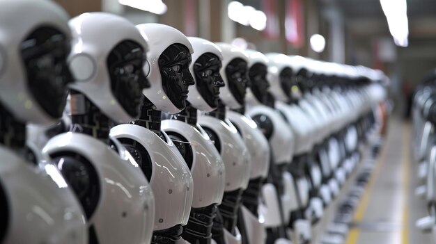 Photo group row of identical humanoid futuristic ai robots standing in warehouse factory setting