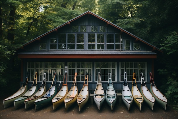 group of rowing oars leaning against boathouse