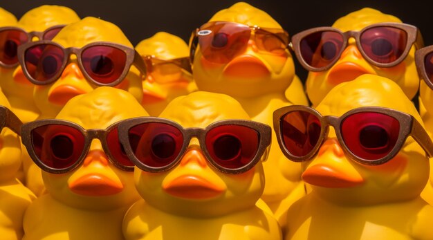 Photo group of rubber ducks wearing sunglasses