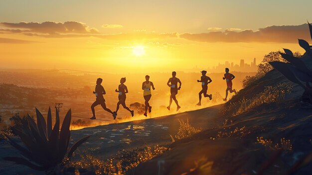 Photo a group of runners are running up a hill at sunset the sun is casting long shadows over the runners