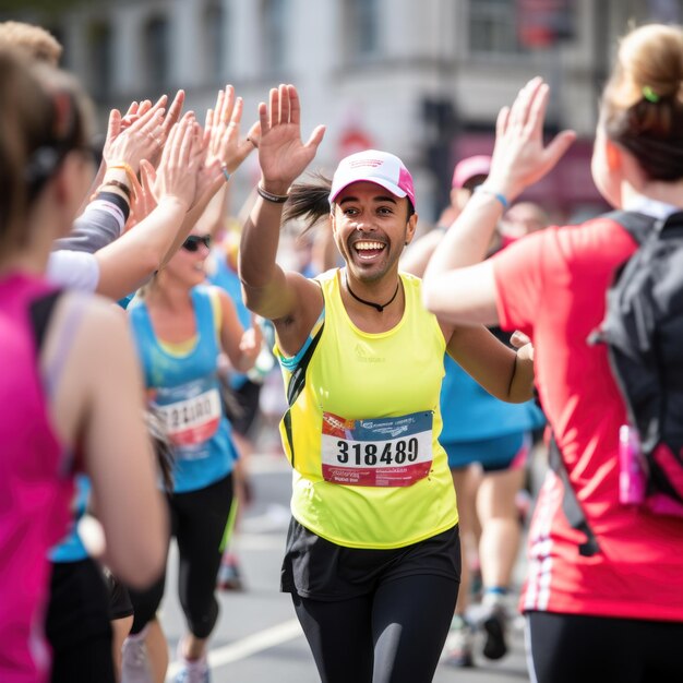 Photo group of runners highfiving each other after completing a marathon with huge smiles on their faces