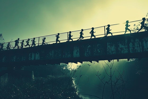 Group of runners running over an bridge