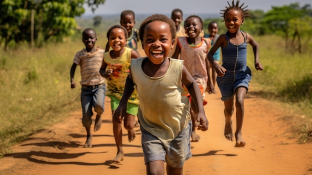 Group of running joyful African children