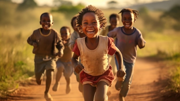 Group of running joyful African children