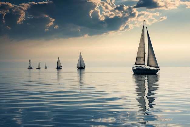 A group of sailboats drifting on a calm sea AI generated