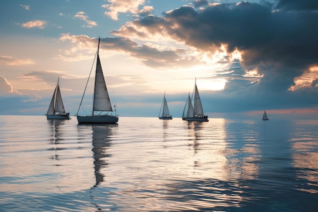 A group of sailboats drifting on a calm sea AI generated