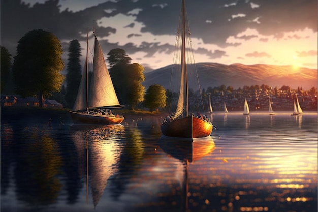 Group of sailboats floating on top of a lake generative ai