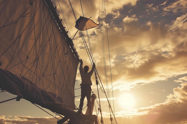 A group of sailors working together to hoist colorful sails on a sailboat preparing for an adventurous voyage